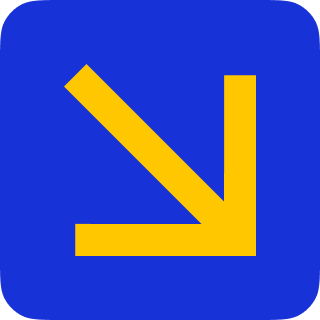 Imagem representando o logo do Onde Encontrar sendo um retangulo em tom azul escuro com uma seta na cor amarela direcionando para o lado inferior direito.
